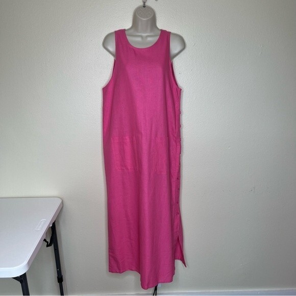 Denim and Co Linen Blend Jumper Dress Pink Maxi Button Side Pockets Women Small - Picture 12 of 13